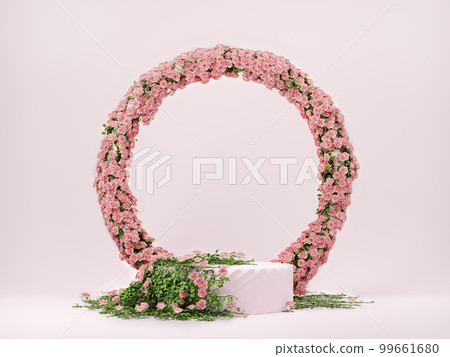 3d spring floral scene with podium display on pink pastel background 3d spring floral scene with podium display on pink pastel background 99661680