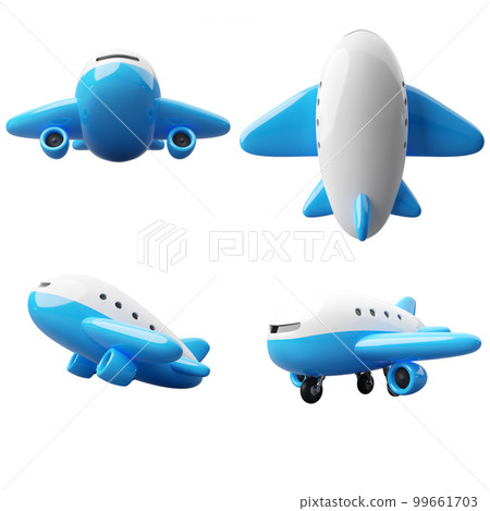 Set of cute cartoon style commercial airplanes like toys with clipping path 3d render 99661703