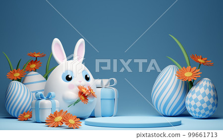 3d Happy Easter banner with little kawaii white rabbit with podium 3d Happy Easter banner with little kawaii white rabbit with podium 99661713