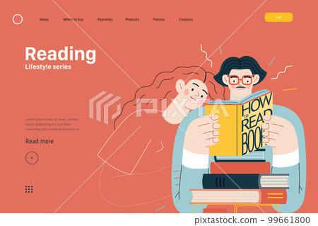 Lifestyle web template - Reading - modern flat vector illustration of a man and a woman reading the books. People activities concept 99661800