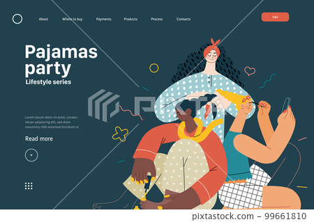 Lifestyle web template -Pajama party -modern flat vector illustration, female friends wearing pajamas amusing themselves together wearing makeup doing hair, painting toenails People activities concept 99661810