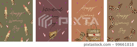 A collection of greeting cards for International Women's Day. Hand-painted watercolor illustration in a fashionable cartoon style of four postcard concepts with shoes, handbags, cosmetics. A collection of greeting cards for International Women's Day. Hand-painted watercolor illustration in a fashionable cartoon style of four postcard concepts with shoes, handbags, cosmetics. 99661818