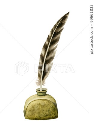 Watercolor brown feather quill pen in inkwell bottle. Ancient vintage gold inkpot for poetry or adventures designs Watercolor brown feather quill pen in inkwell bottle. Ancient vintage gold inkpot for poetry or adventures designs 99661832