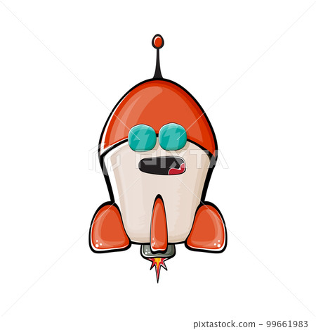Rocket spaceship character. Cartoon space rocket isolated on white background. Funky spaceship and shuttle character with eyes and mouth. Vector retro space ship clip art, emoji, label and sticker 99661983