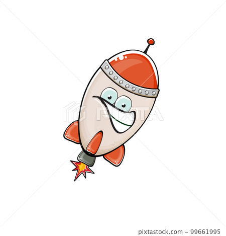 Rocket spaceship character. Cartoon space rocket isolated on white background. Funky spaceship and shuttle character with eyes and mouth. Vector retro space ship clip art, emoji, label and sticker 99661995