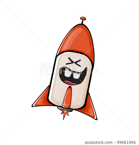Rocket spaceship character. Cartoon space rocket isolated on white background. Funky spaceship and shuttle character with eyes and mouth. Vector retro space ship clip art, emoji, label and sticker 99661998