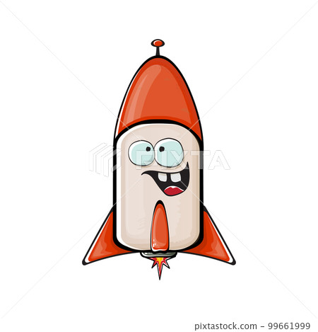 Rocket spaceship character. Cartoon space rocket isolated on white background. Funky spaceship and shuttle character with eyes and mouth. Vector retro space ship clip art, emoji, label and sticker 99661999