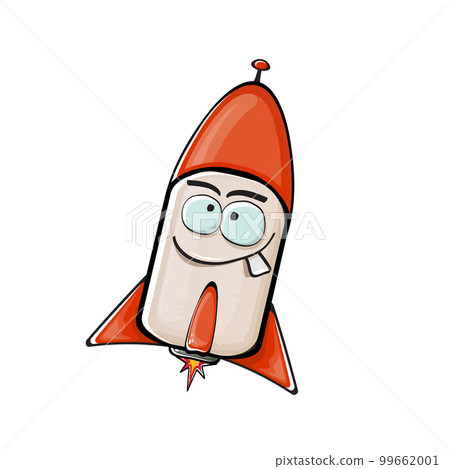 Rocket spaceship character. Cartoon space rocket isolated on white background. Funky spaceship and shuttle character with eyes and mouth. Vector retro space ship clip art, emoji, label and sticker 99662001
