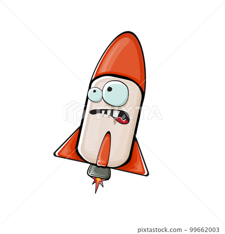 Rocket spaceship character. Cartoon space rocket isolated on white background. Funky spaceship and shuttle character with eyes and mouth. Vector retro space ship clip art, emoji, label and sticker 99662003