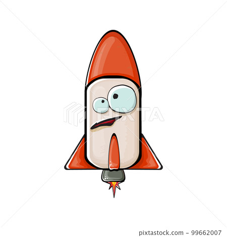 Rocket spaceship character. Cartoon space rocket isolated on white background. Funky spaceship and shuttle character with eyes and mouth. Vector retro space ship clip art, emoji, label and sticker 99662007