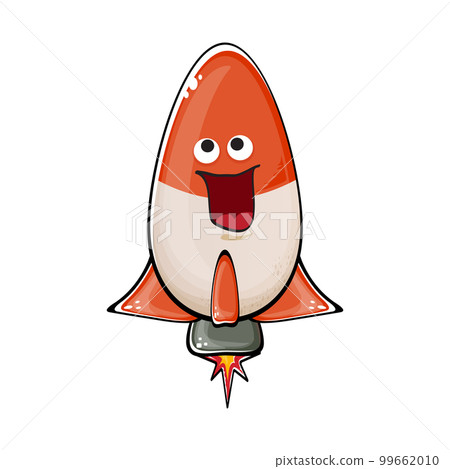 Rocket spaceship character. Cartoon space rocket isolated on white background. Funky spaceship and shuttle character with eyes and mouth. Vector retro space ship clip art, emoji, label and sticker 99662010