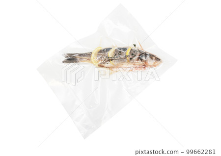 Fish with leman and rosemary in a vacuum package 99662281