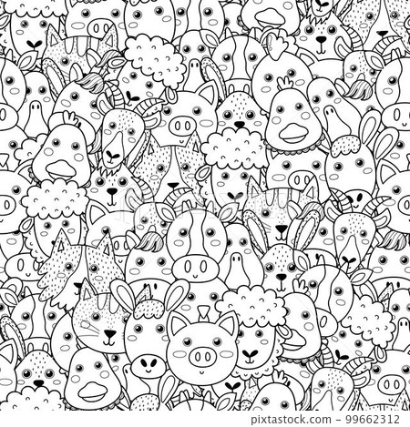 Farm animals black and white seamless pattern. Cute farm characters coloring page 99662312