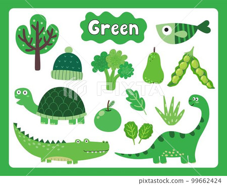 Set of green color objects. Primary colors flashcard with green elements 99662424