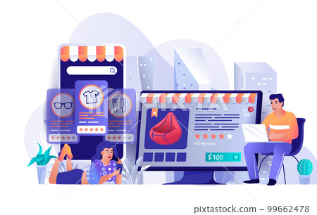 E-commerce concept in flat design. Online shopping and payment scene template. Man and woman making purchases using mobile app or store website. Vector illustration of people characters activities E-commerce concept in flat design. Online shopping and payment scene template. Man and woman making purchases using mobile app or store website. Vector illustration of people characters activities 99662478