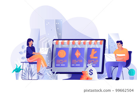 Cryptocurrency marketplace concept in flat design. Crypto currency exchange, financial transaction scene template. Man and woman on laptops mining. Vector illustration of people characters activities Cryptocurrency marketplace concept in flat design. Crypto currency exchange, financial transaction scene template. Man and woman on laptops mining. Vector illustration of people characters activities 99662504