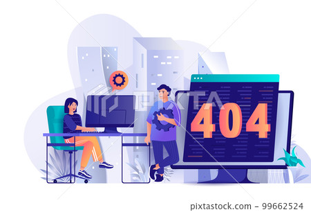 404 page error concept in flat design. Error accessing webpage scene template. Technical support team working on fixing website problems, settings. Vector illustration of people characters activities 404 page error concept in flat design. Error accessing webpage scene template. Technical support team working on fixing website problems, settings. Vector illustration of people characters activities 99662524