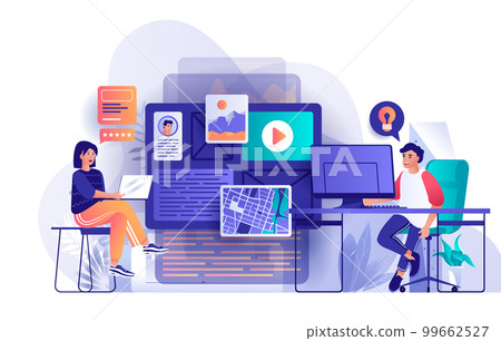 Creative agency concept in flat design. Business promotion with advertising campaigns scene template. Man and woman working, creating content. Vector illustration of people characters activities Creative agency concept in flat design. Business promotion with advertising campaigns scene template. Man and woman working, creating content. Vector illustration of people characters activities 99662527