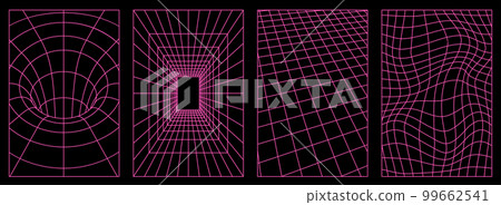 Geometry wireframe grid backgrounds in neon pink color. 3D abstract posters, patterns, cyberpunk elements in trendy psychedelic rave style. 00s Y2k retro futuristic aesthetic. Geometry wireframe grid backgrounds in neon pink color. 3D abstract posters, patterns, cyberpunk elements in trendy psychedelic rave style. 00s Y2k retro futuristic aesthetic. 99662541