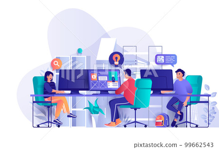 Designers agency concept in flat design. Creative team working together in office scene template. Website layout development, usability, ui design. Vector illustration of people characters activities Designers agency concept in flat design. Creative team working together in office scene template. Website layout development, usability, ui design. Vector illustration of people characters activities 99662543