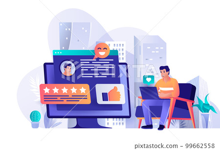 Best feedback concept in flat design. Client and user satisfaction scene template. Man working on laptop, writing review, leaving quality rating. Vector illustration of people characters activities 99662558