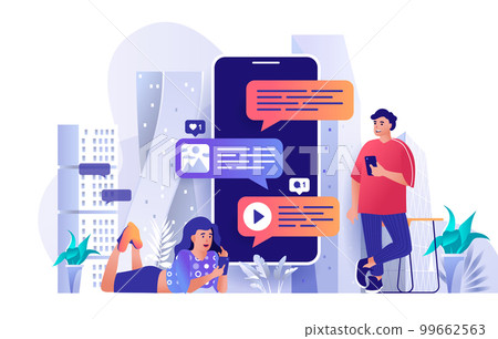 Messaging service concept in flat design. Online communication and email scene template. Man and woman texting in mobile application, send messages. Vector illustration of people characters activities 99662563