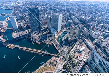 Cityscape of Yokohama in Japan View of skyduck buses running on the water. Sakuragicho Station on the right side of the screen 99662610