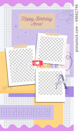 Happy Birthday Social media post template with blank frames for photo. Birthday cards with scrapbooking elements. Stock vector stories design 99662746