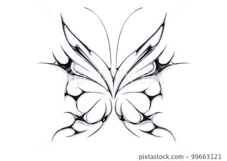 3d chrome metal of y2k butterfly icon. Flame butterfly tattoo shape in liquid mercury. 3d rendering illustration of abstract neo tribal cyber sigil metallic melted modern burn form, design element 3d chrome metal of y2k butterfly icon. Flame butterfly tattoo shape in liquid mercury. 3d rendering illustration of abstract neo tribal cyber sigil metallic melted modern burn form, design element 99663121