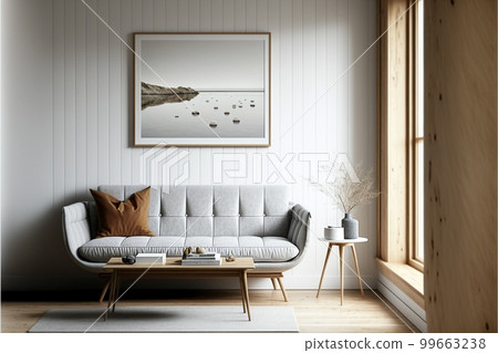 Illustration of modern livingroom with big window,created with Generative AI technology. 99663238
