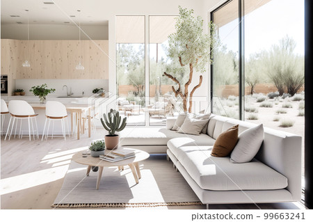 Illustration of modern light apartment with big windows created with Generative AI technology. 99663241