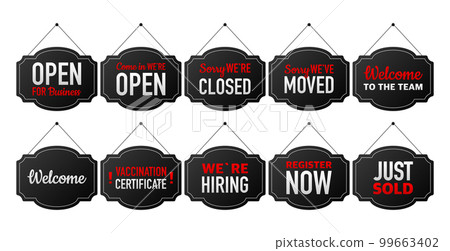 Open or closed and other business sign boards. Door sign for cafe, restaurant, bar or retail store. Collection information signage for business or service. Vector illustration. 99663402