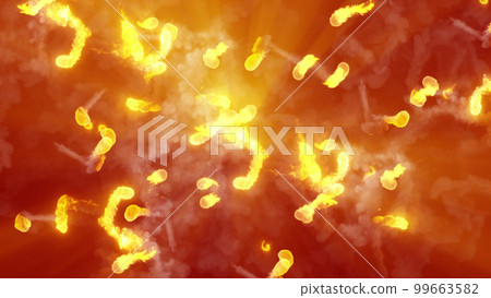 3D rendering of multi-colored fireballs flying along a complex trajectory 99663582
