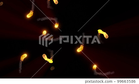3D rendering of multi-colored fireballs flying along a complex trajectory 99663586