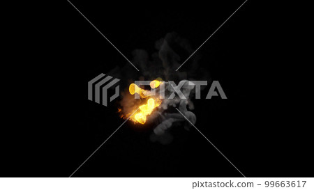 3D rendering of multi-colored fireballs flying along a complex trajectory 99663617