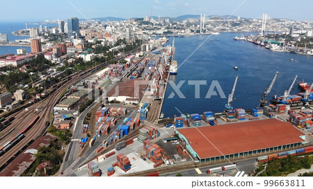 Top view. Vladivostok Commercial Sea Port. Industrial port with containers in Vladivostok. Top view. Vladivostok Commercial Sea Port. Industrial port with containers in Vladivostok. 99663811