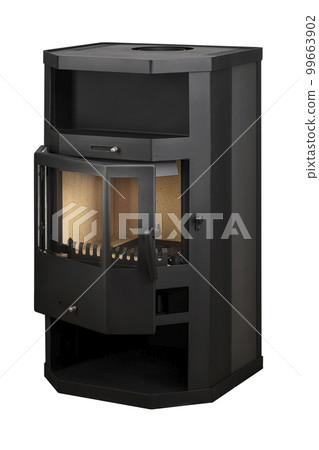 Modern fireplaces for heating from metal and heat-resistant glass. Boiler for solid fuel isolated on white background. Modern fireplaces for heating from metal and heat-resistant glass. Boiler for solid fuel isolated on white background. 99663902