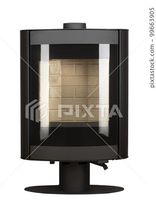 Modern fireplaces for heating from metal and heat-resistant glass. Boiler for solid fuel isolated on white background. Modern fireplaces for heating from metal and heat-resistant glass. Boiler for solid fuel isolated on white background. 99663905