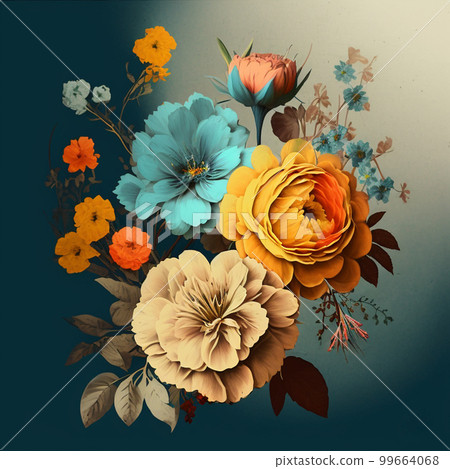 Teal, blue and yellow watercolor flowers with green stems and leaves. Realistic art background. Teal, blue and yellow watercolor flowers with green stems and leaves. Realistic art background. 99664068