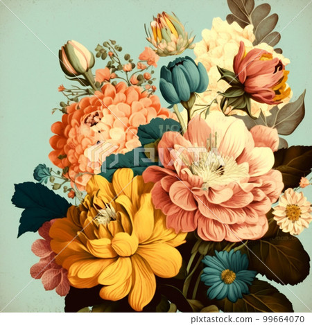 Teal, blue and yellow watercolor flowers with green stems and leaves. Realistic art background. Teal, blue and yellow watercolor flowers with green stems and leaves. Realistic art background. 99664070