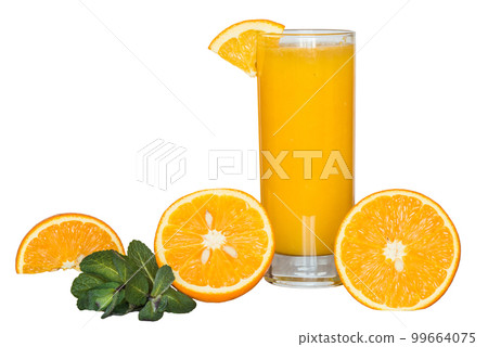 Glass of orange juice on the isolated png background with slices of citrus and mint Glass of orange juice on the isolated png background with slices of citrus and mint 99664075