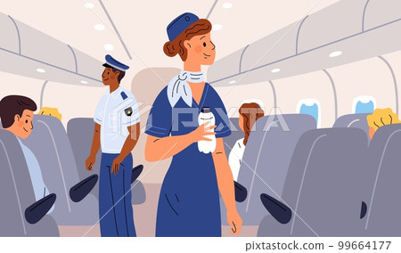 Stewardess in plane cabin. Flight attendant checks passengers and carries water. Aircraft board. Comfortable seats. People travel by airplane. Travelers trip. Garish vector concept 99664177