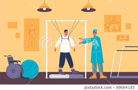 Physiotherapy room. Doctor helps patient recover from injury. Paraplegic man learning to walk again. Medical muscle rehabilitation. Restoring mobility. Treatment workout. Vector concept Physiotherapy room. Doctor helps patient recover from injury. Paraplegic man learning to walk again. Medical muscle rehabilitation. Restoring mobility. Treatment workout. Vector concept 99664185