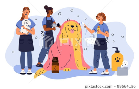 Pet care services. Grooming salon. Professionals give haircut to big dog. People combing long puppy hair. Domestic animals. Veterinary work. Canine hairdressers. Garish vector concept Pet care services. Grooming salon. Professionals give haircut to big dog. People combing long puppy hair. Domestic animals. Veterinary work. Canine hairdressers. Garish vector concept 99664186