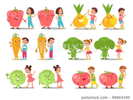 Kids with vegetables. Healthy nutrition. Natural food. Happy or sad children. Big product characters. Pepper and onion. Fresh carrot. Positive and negative attitude. Splendid vector set Kids with vegetables. Healthy nutrition. Natural food. Happy or sad children. Big product characters. Pepper and onion. Fresh carrot. Positive and negative attitude. Splendid vector set 99664200