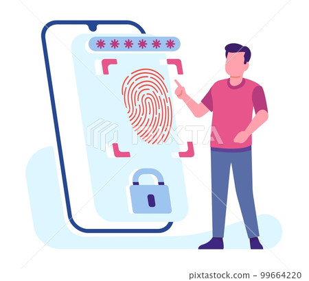 Fingerprint scanning on phone. Privacy protection technology. Smartphone finger scan. Man identification. Device screen scanner. Mobile application. Biometric ID lock. Vector concept Fingerprint scanning on phone. Privacy protection technology. Smartphone finger scan. Man identification. Device screen scanner. Mobile application. Biometric ID lock. Vector concept 99664220