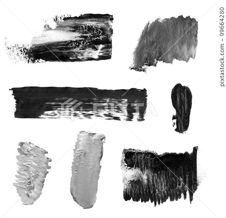 Set of black and white stripes isolated on white background. Black and white, gray stripe painted with acrylic paint isolated on a white background. Abstract grunge painted texture 99664280