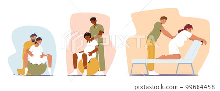 Set Expectant Mother And Spouse Prepare For Childbirth With Fit Ball In Medical Facility. Couple Practices Relaxation 99664458