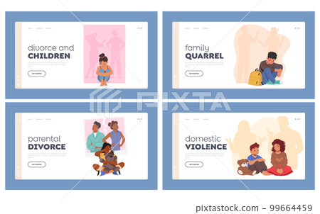 Divorce, Family in Trouble, Conflict Landing Page Template Set. Young Child Tears Flow As Parents Relationship Crumbles 99664459
