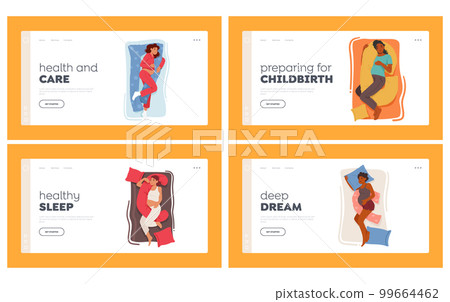 Pregnant Girls With Sleep Pillows Landing Page Template Set. Expectant Mother Characters Sleeping With Pregnancy Cushion 99664462